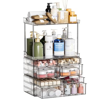 3 Pack Bathroom Organizers and Storage Countertop With 7 Drawers,Stackable Vanity Top Organizer,18.9" Tall Large Capacity Skin Care Organizer and Exquisite Makeup Storage for Beauty Products,Clear