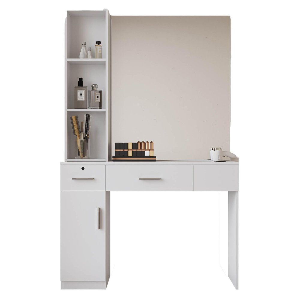 Barber Station with Mirror, Hair Salon Stations for Hair Stylist with 3 Hair Dryer Rack, Beauty Spa Furniture Equipped with 3-Storage Shelf, Cabinet, 2 Lockable Drawers, (White)