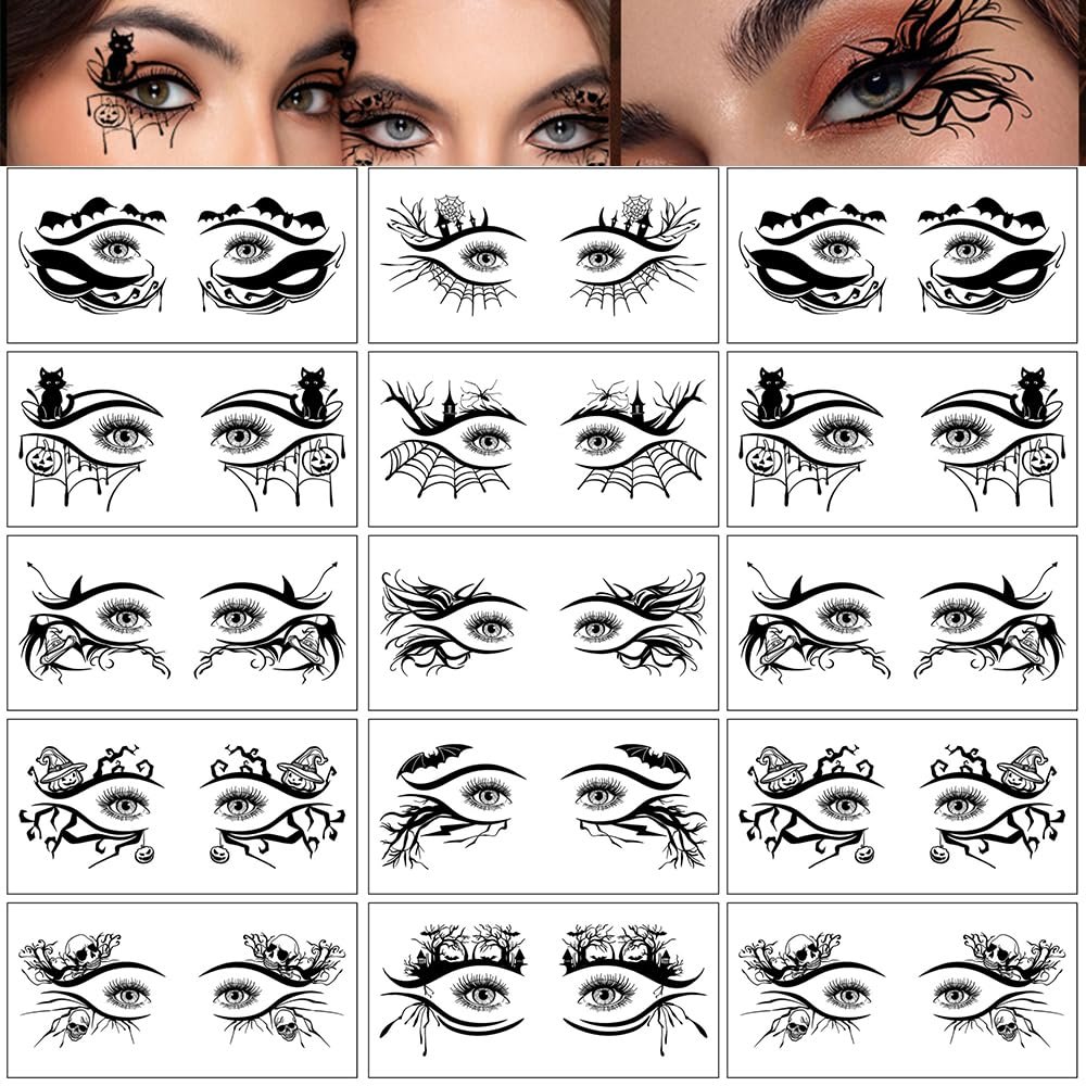 10 Pairs of Halloween Eye Shadow Temporary Tattoo Stickers Eyeliner Decals Face Eye Makeup Stickers for Women Girls Halloween Masquerade Party (Black2)