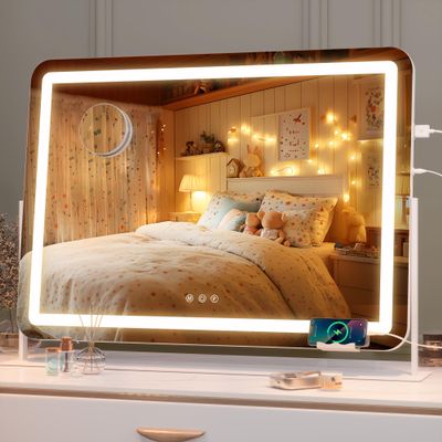 Hasipu Vanity Mirror with Lights, 30" x 21" LED Makeup Mirror, Light up Mirror with 10X Magnification and Phone Holder, USB Charging Port, Smart Touch 3 Colors Dimmable, 360 Rotation (White)