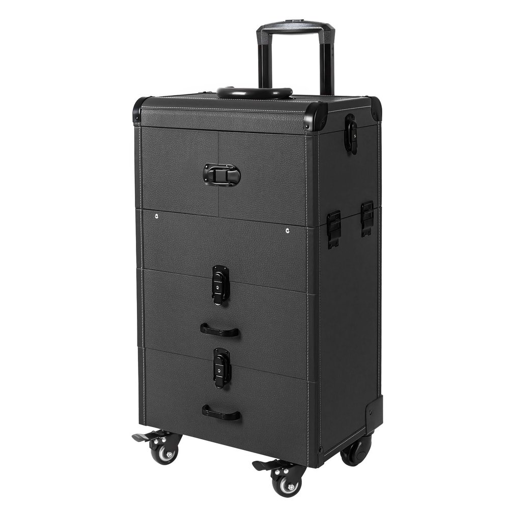 Bitodd Cosmetic Train Case, Freestanding Rolling Cosmetic Case, Professional Embroidery Toolbox, Large Barber Box Travel Trolley for Makeup Artist Hair Stylist (Black)