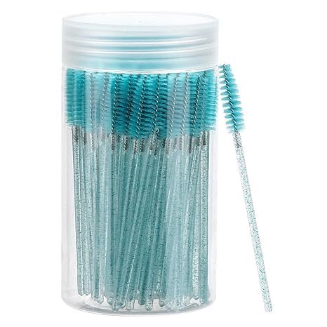 100 Pcs Disposable Mascara Wands, Crystal Eyebrow Spoolies Brush for Eyelash Extensions, Black Lash Brushes with Container (blue)
