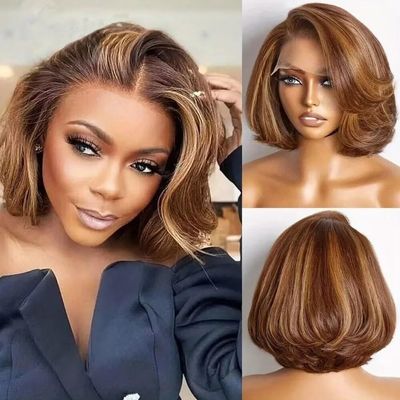 4/27 Highlight Ombre 13X4 Short Body Wave Lace Front Bob Wigs Human Hair Brown Mix Blonde Water Wave HD Lace Frontal Wig Human Hair Brazilian Remy Hair Glueless Wigs For Woman 150% Density 8"