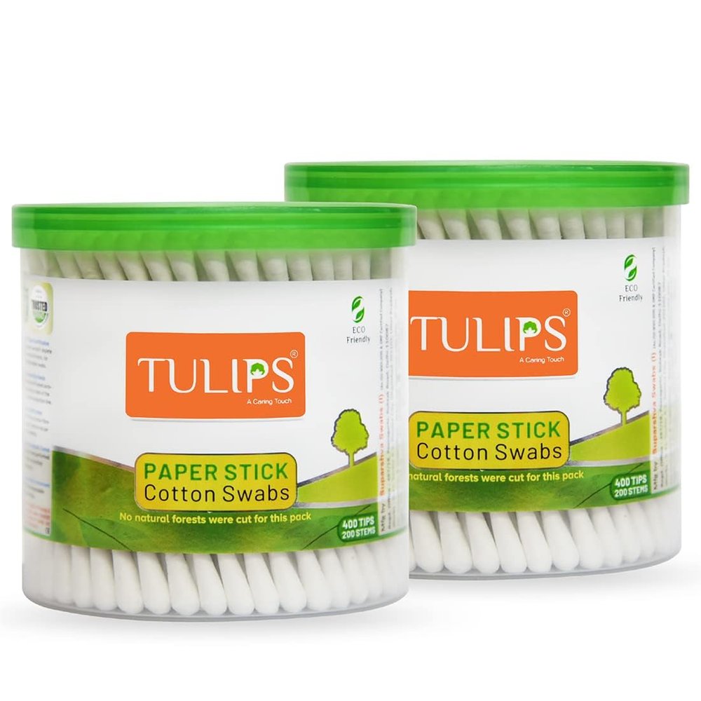 TU LIPS Cotton Ear Buds/Swabs (pack of 2) with White PAPER Sticks (200/400 Tips) in a Jar