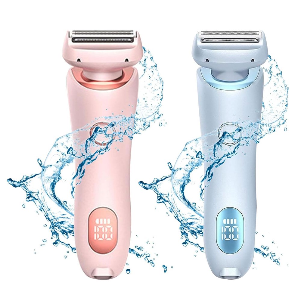 2 in 1 Waterproof Electric Shaver, Wet and Dry, Removable Head, for Leg Arm Bikini Underarm (Pink+Blue)