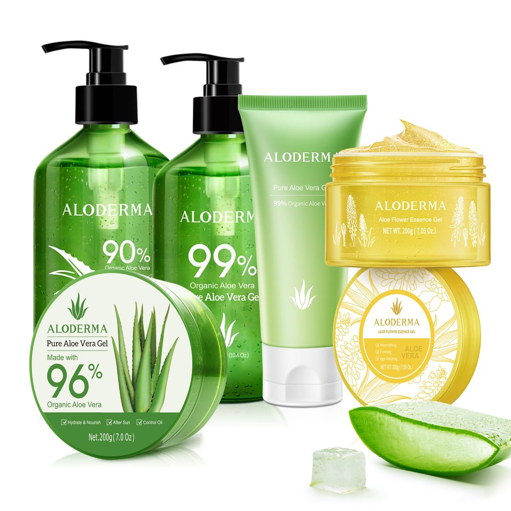 Aloderma Aloe Vera Gel Set 5 Pack - Aloe Flower Essence Gel, Pure Aloe Vera Gel, Aloe Gel + Tea Tree Oil, 200g Gel, 114g Aloe Gel