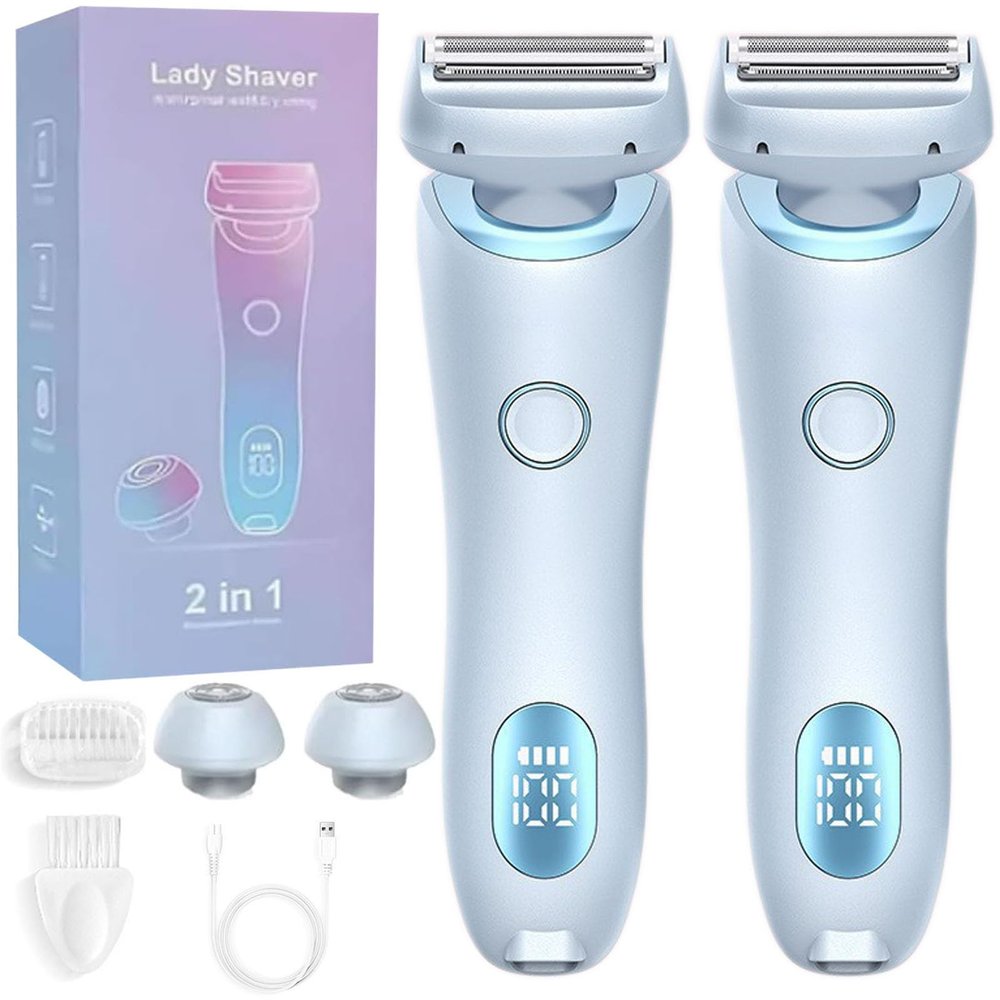 Shaver, Electric Razor for Women, Bikini Legs Underarm Public Hairs Rechargeable Trimmer with Detachable Head Cordless Wet Dry Use (Blue*2)
