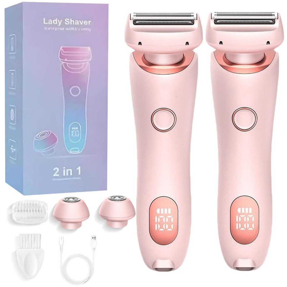 Shaver, Electric Razor for Women, Bikini Legs Underarm Public Hairs Rechargeable Trimmer with Detachable Head Cordless Wet Dry Use (Pink*2)