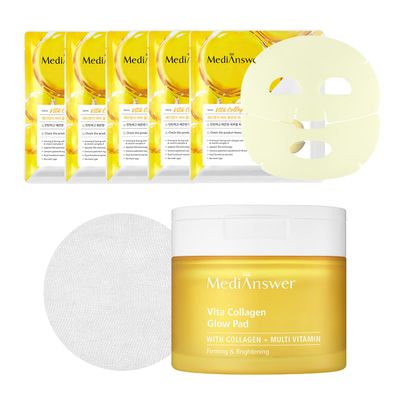 [MediAnswer] K-Beauty Vita Collagen Duo - Glow Pads (80 pads) & Sheet Masks (5 pack) | Premium Firming & Revitalizing Skincare Set with French Collagen