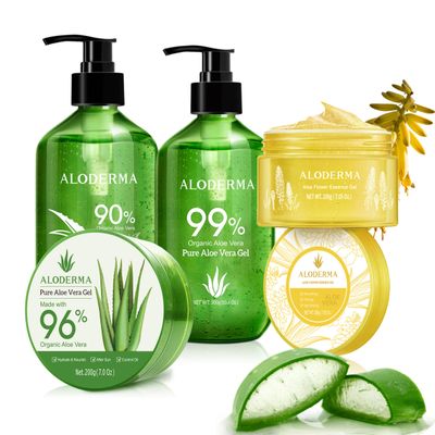 Aloderma Aloe Vera Gel Set 4 Pack - Aloe Flower Essence Gel, Pure Aloe Gel, Aloe Vera Gel + Tea Tree Oil, 200g Aloe Gel