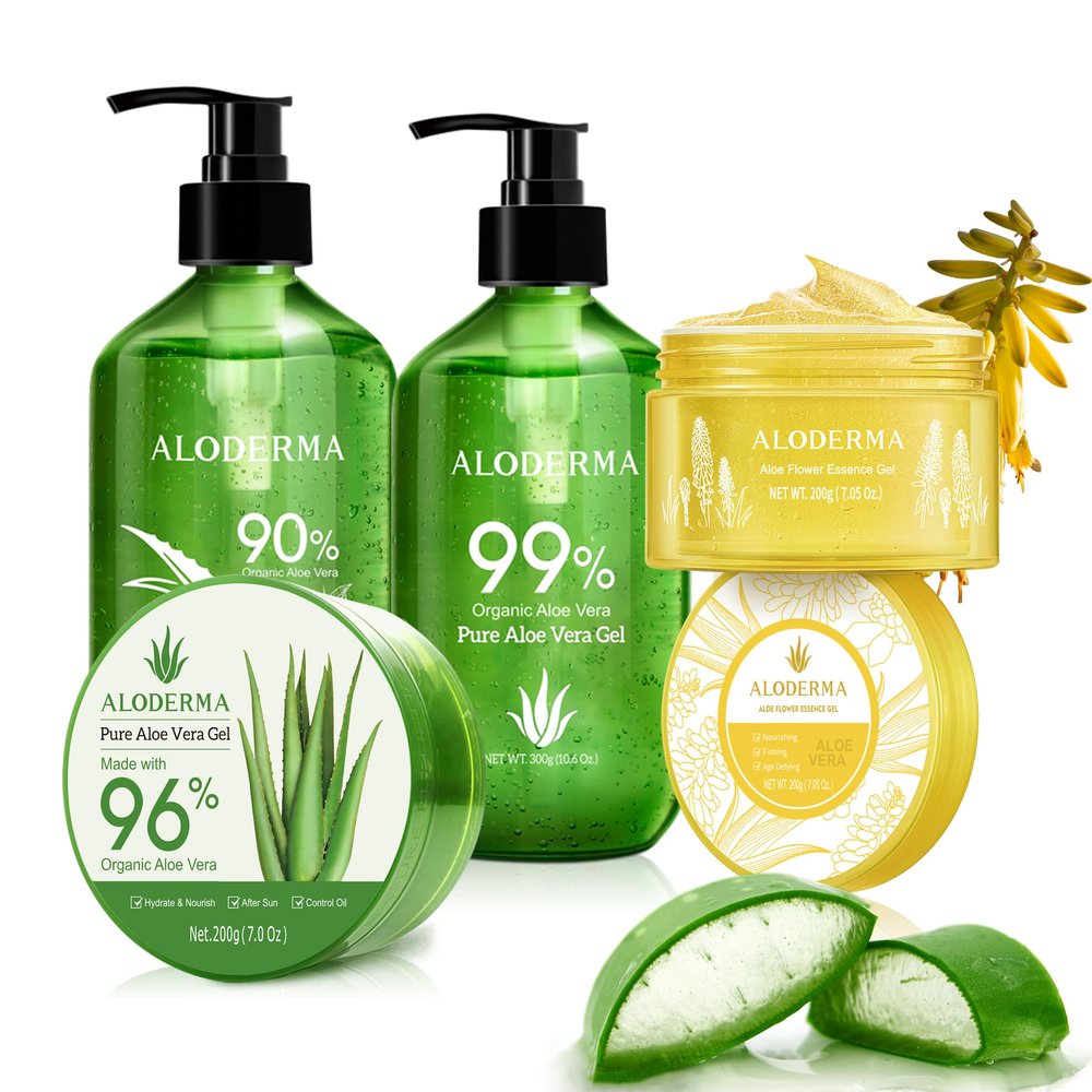 Aloderma Aloe Vera Gel Set 4 Pack - Aloe Flower Essence Gel, Pure Aloe Gel, Aloe Vera Gel + Tea Tree Oil, 200g Aloe Gel