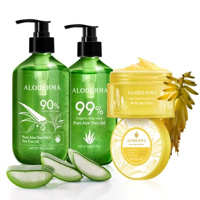 Aloderma Aloe Vera Gel Set 3 Pack - Aloe Flower Essence Gel, Pure Aloe Vera Gel, Aloe Gel + Tea Tree Oil