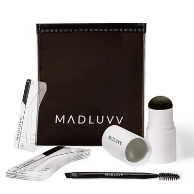 MADLUVV Brow Stamp Kit with Brow Stencils  Easy Eyebrow Shaper for Natural-Looking Brows  Popular Eyebrow Stencil Kit Used by Professionals  9 Shapes, Spoolie, Travel Bag & Stamp (Light Grey)