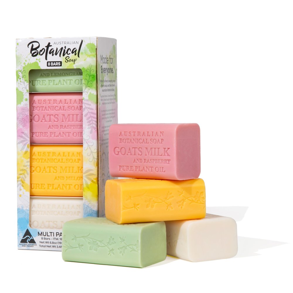 Australian Botanical Milk Soap Bars, 6.8 OZ French Triple Milled Soap for All Skin Types - Lemongrass, Melon, Raspberry, and Shea Butter, Pack of 8 - Packaging May Vary
