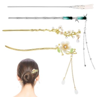 FRCOLOR 4pcs Vintage Chinese Hair Sticks Decorative Flower and Tassel Updo Unique Traditional Hair Chopsticks for Women for Buns and Stylish Accessories