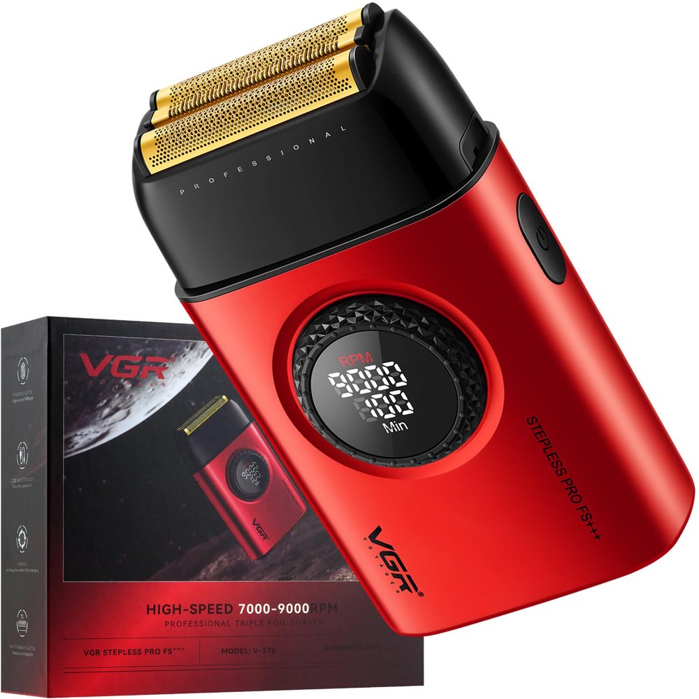 VGR 378 Electric Shavers for Men, Triple Floating Blade Foil Shaver Cordless Men's Electric Razor, 9000 RPM Motor Bald Shavers Titanium Foils with LED Display, Barber Supplies (Red)