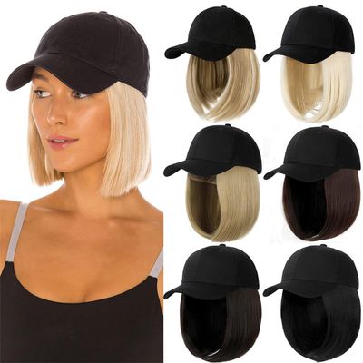 12inch Wig Hat Synthetic Wigs Short Straight with Black Hat for Woman Hair Extensions with Adjustable Hat Wig (Light brown)
