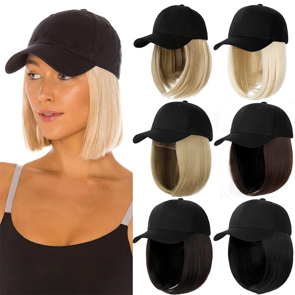 12inch Wig Hat Synthetic Wigs Short Straight with Black Hat for Woman Hair Extensions with Adjustable Hat Wig (Light brown)