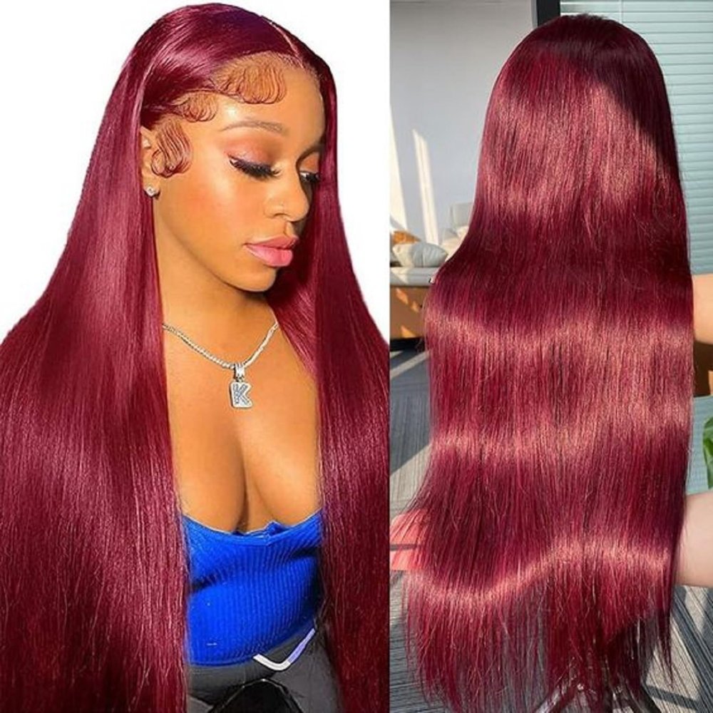 bunGiol 13x6 99j Burgundy Lace Front Wigs Human Hair Pre Plucked 26 Inch HD Straight Lace Front Wigs Human hair Glueless Red Wig Wine Red Colored Lace Front Wigs For Women 180 Density