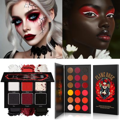 Afflano Black Red Goth Eyeshadow Palette, Goth Red Smokey Eye Shadow Palette + Hot True Red Eyeshadow - 2 Palettes, Highly Pigmented, Dark Black White Grey Blood Red Halloween Costume Clown SFX Makeup