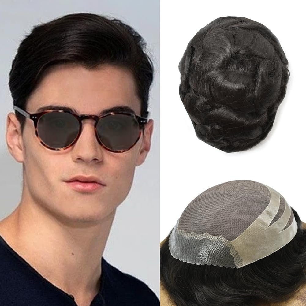 Hair Wonders Hair Toupee For Men Real Human Hair Piece Men Natural Hairline Mens Toupee Fine Mono Mens Hair System Toupee Men Hairpiece Hair Prosthesis 8X10#1B Off Black 120% Density