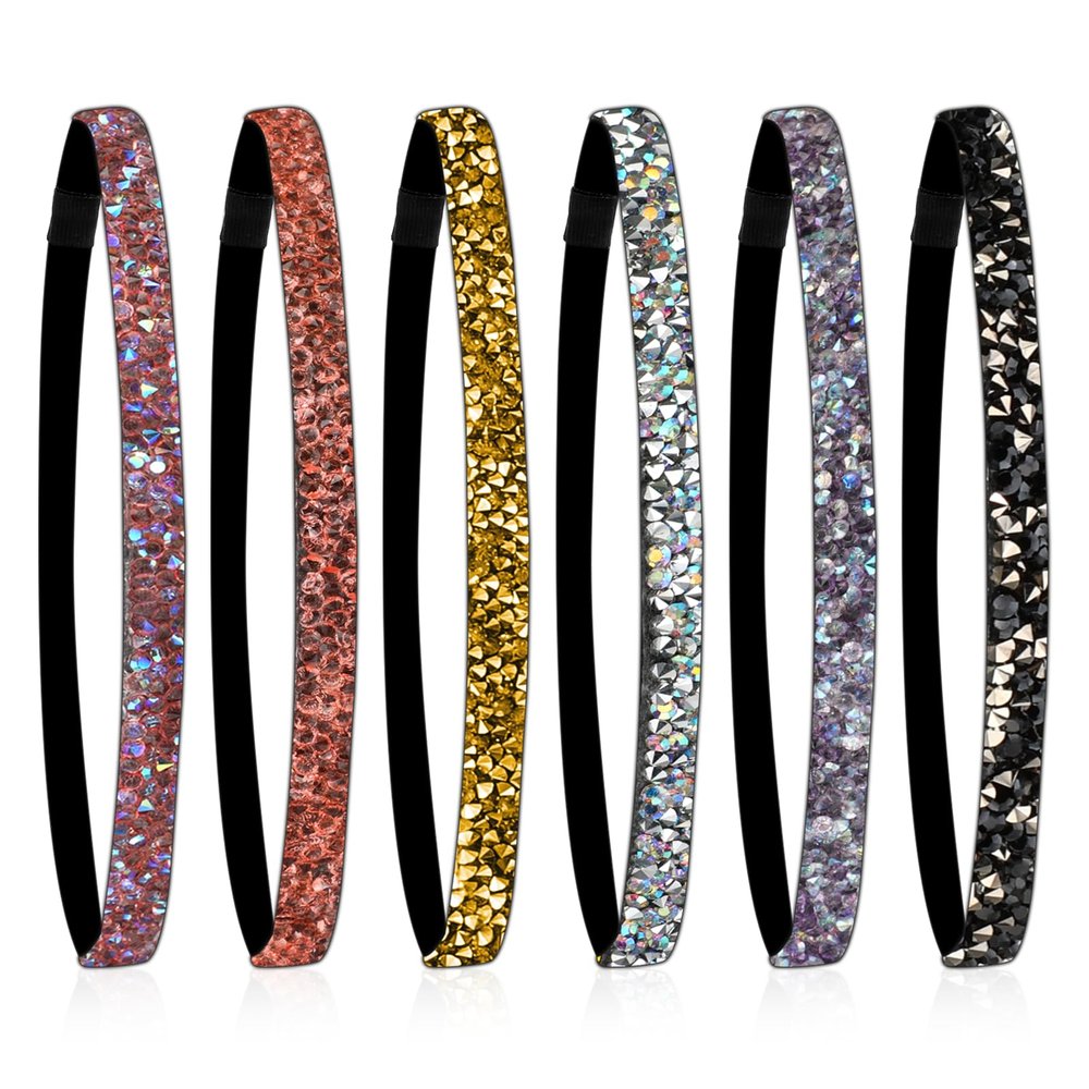 Glitter Headbands for Girls, 6 Pcs Elastic Shiny Rhinestone Non Slip Athletic Running Sparkly Crystal Fabric Stretchy Workout Fashion Hair Accessories for Sports and Yoga