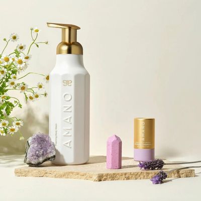 AMANO BEAUTY Crystal Body Wash Starter Kit - Luxury Foaming Body Wash with Reusable Bottle & Body Wash Vegan, Sulfate-Free,Phthalate-Free - Glowing and Smoother Skin in 30 DAYS (Lavender Chamomile)