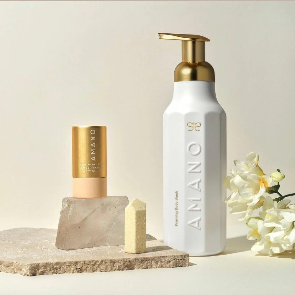 AMANO BEAUTY Crystal Body Wash Starter Kit - Luxury Foaming Body Wash with Reusable Bottle & Body Wash Vegan, Sulfate-Free,Phthalate-Free - Glowing and Smoother Skin in 30 DAYS (AMBER Vanilla)