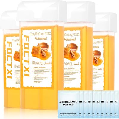 FOCTXI Wax Roller Kit ax Cartridge, Roll On Wax for Hair Removal, Roll on ax, 4 Honey Hair Removal ax Cartridge and 10 Pack Cleaning Oil Wipes for Women