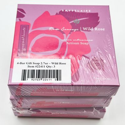 Baudelaire Provence Sante PS Gift Soap Wild Rose, 2.7oz 4 Bar Gift Box, (3 boxes)