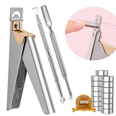 Acylic Nail Clippers and Metal Silver Cuticle Pusher, Adjustable Nail Clippers with Magnets Sizers for Acrylic Nails and 2PCS Metal Silver Cuticle Pusher