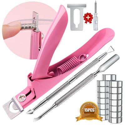 Acylic Nail Clippers and Metal Silver Cuticle Pusher, Pink Adjustable Nail Clippers with Magnets Sizers for Acrylic Nails and 2PCS Metal Silver Cuticle Pusher