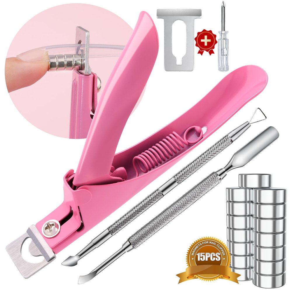 Acylic Nail Clippers and Metal Silver Cuticle Pusher, Pink Adjustable Nail Clippers with Magnets Sizers for Acrylic Nails and 2PCS Metal Silver Cuticle Pusher