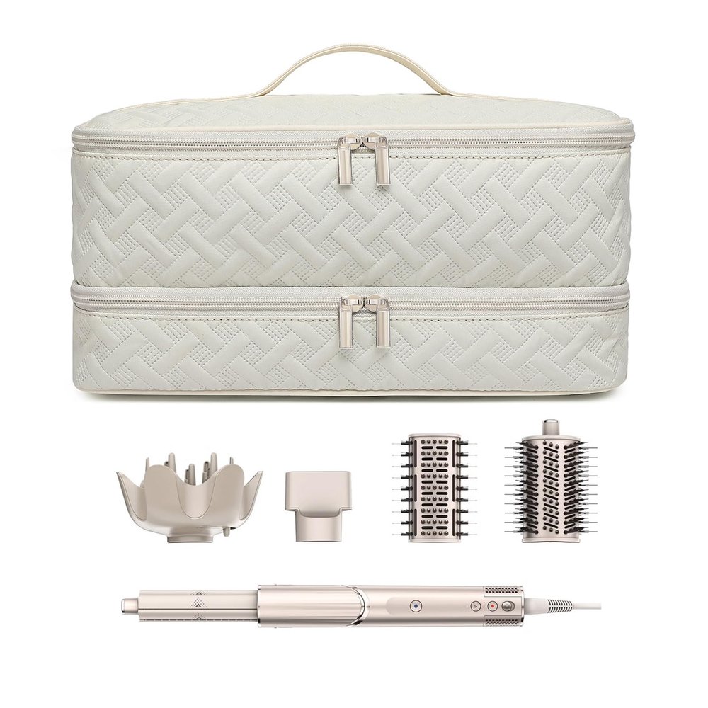 ARLMEGOR Double-Layer Travel Carrying Case for Revlon One-Step Hair Dryer Brush Volumizer Styler Shark FlexStyle Attachment Portable Storage Organizer Bag Hair Tools Travel Bag (Beige)