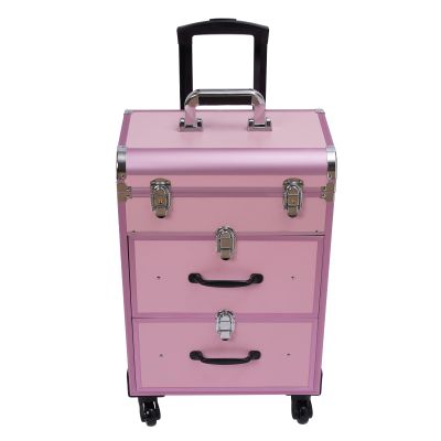 3-Tiers Rolling Makeup Train Case Lockable Makeup Beauty Salon Luggage Hairdressing Trolley Travel Organizer Tool Box for professional make-up artists,hairdressers,14.2*9.1*22.8inch (Pink)