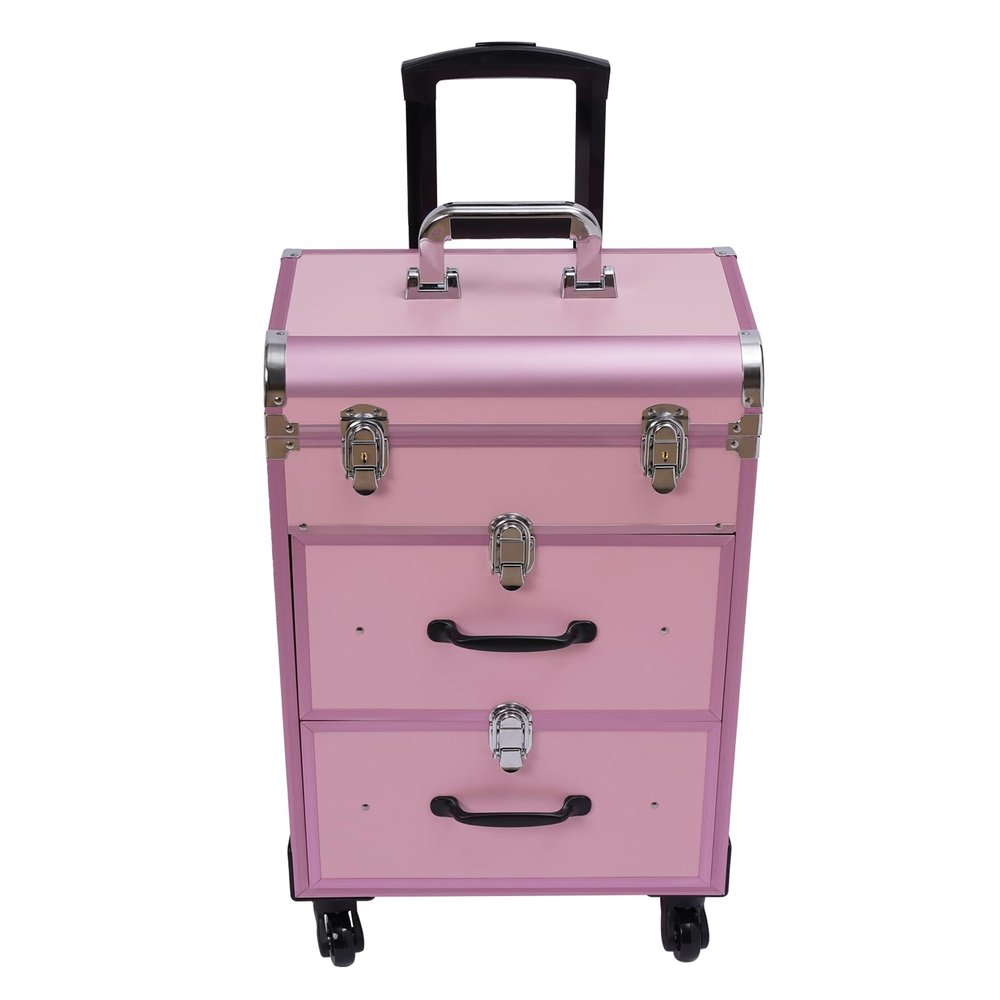3-Tiers Rolling Makeup Train Case Lockable Makeup Beauty Salon Luggage Hairdressing Trolley Travel Organizer Tool Box for professional make-up artists,hairdressers,14.2*9.1*22.8inch (Pink)