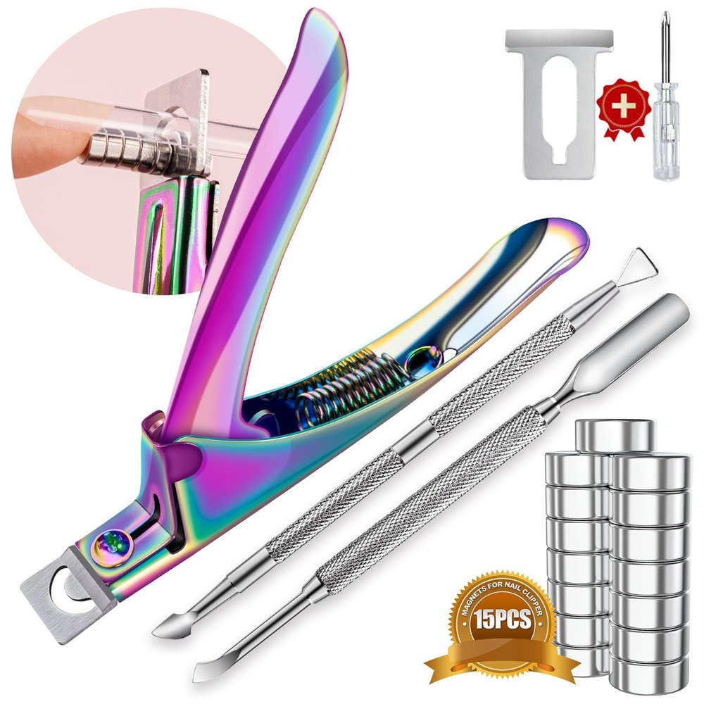 Acylic Nail Clippers and Metal Silver Cuticle Pusher, Chameleon Adjustable Nail Clippers with Magnets Sizers for Acrylic Nails and 2PCS Metal Silver Cuticle Pusher