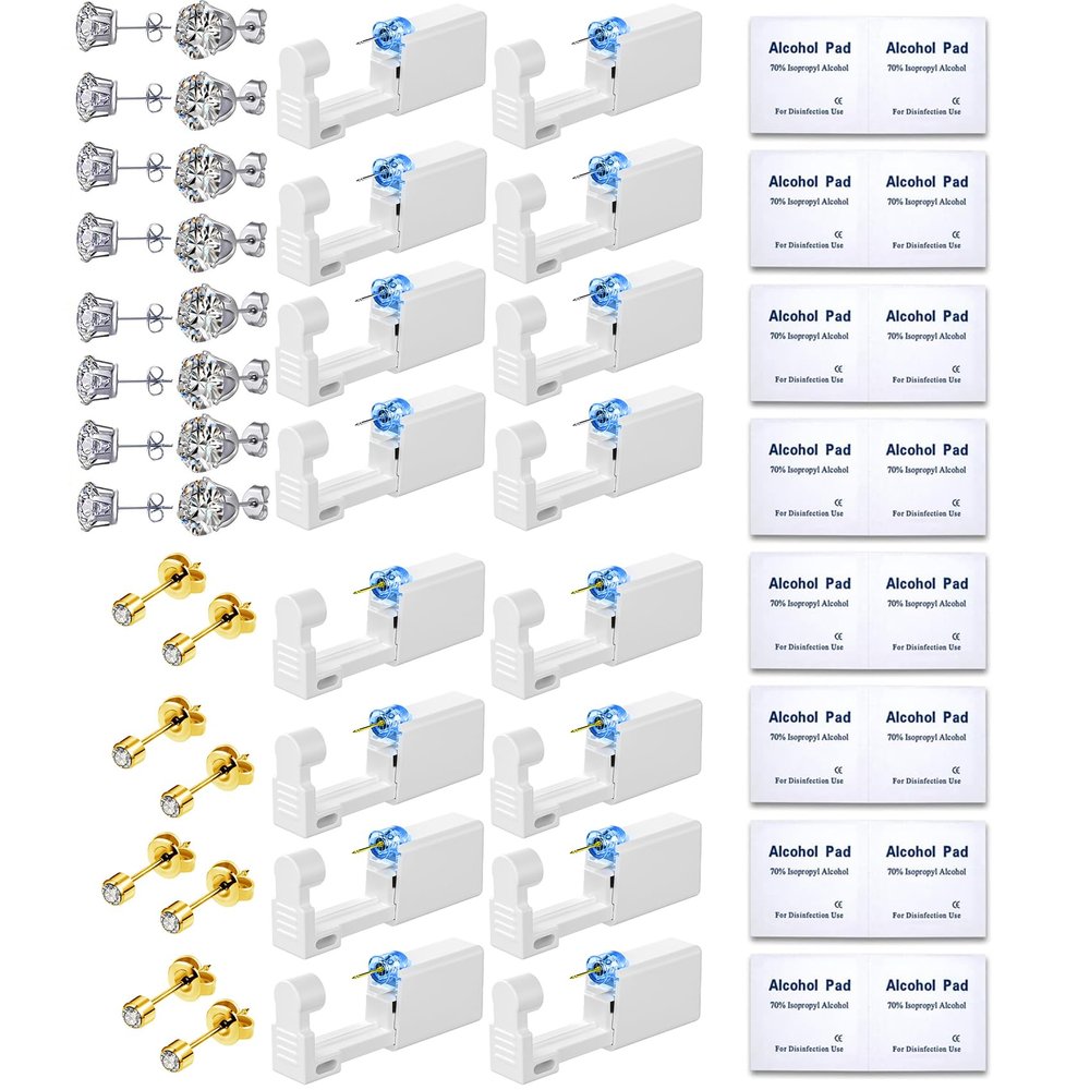 48 Pcs Ear Piercing Kit Disposable Ear Piercing Gun Kit with 16 Pcs Self Piercing Gun and 16 Pcs Earrings Stud