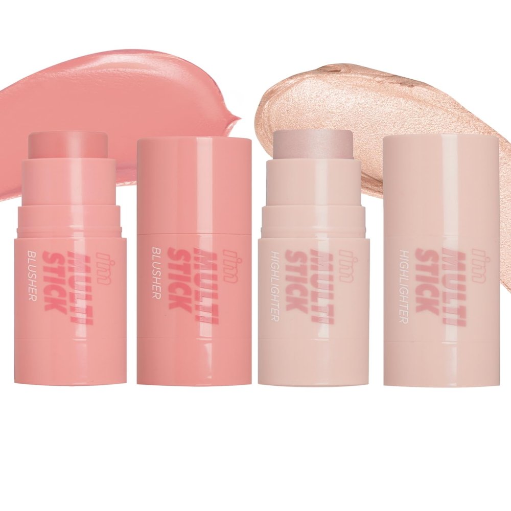I'M MEME I'm Multi Stick Blusher 004 Mellow Pink + Highlighter Stick for Face - I'm Multi-stick 001 Champagne Gold, 0.25 Oz Bundle