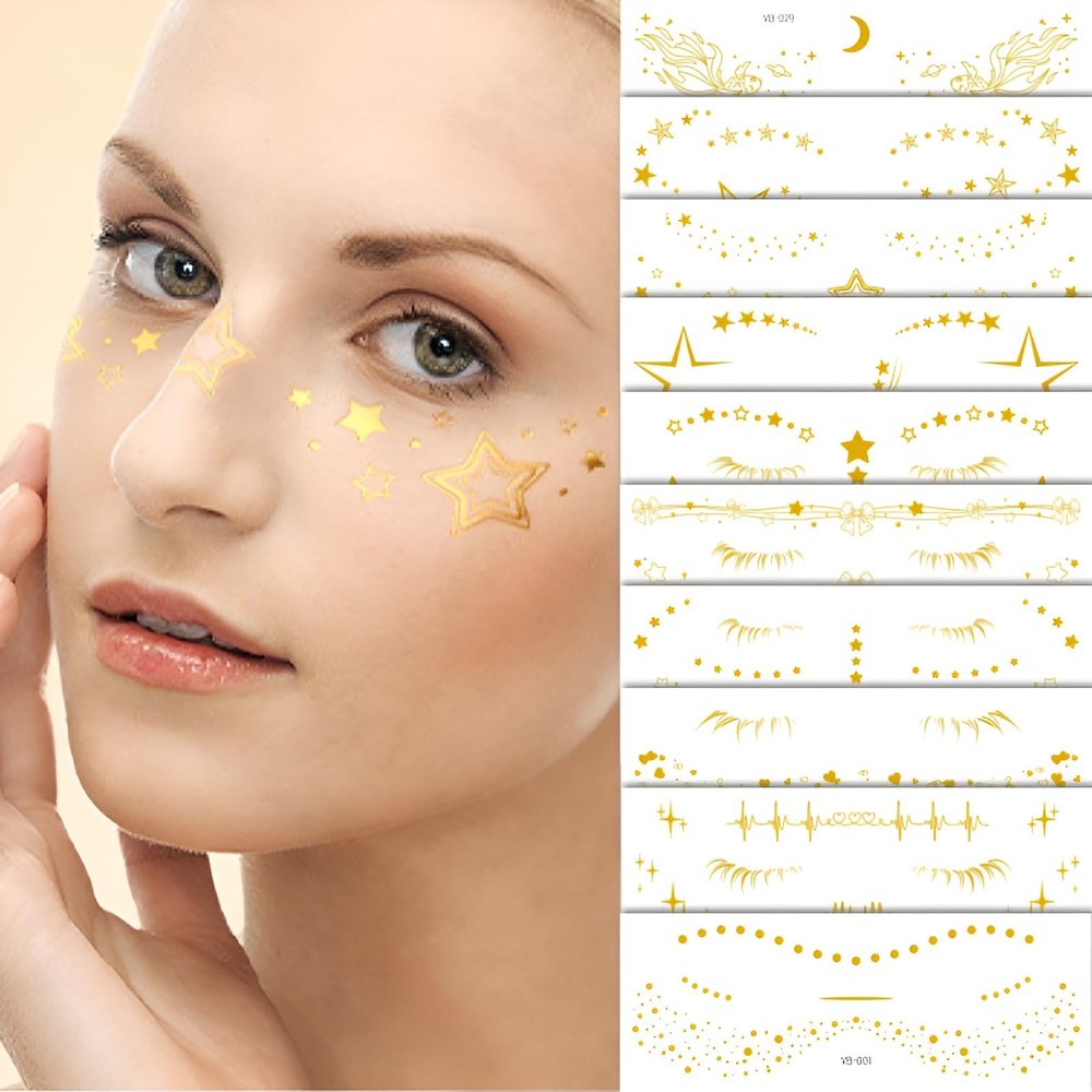 10Pcs Gold Glitter Star Freckles Tattoo Sticker,Faux Freckle Patches Waterproof Temporary Tattoos Heart Design,Gold Glitter Freckles Face Tattoo,Cute Glitter Makeup Accessories for Women Girls