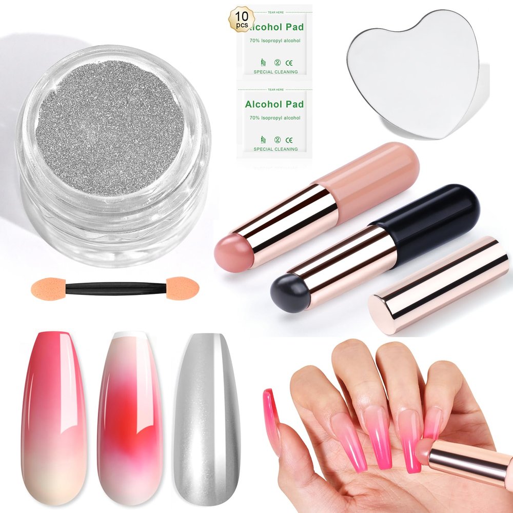 Saviland Silver Chrome Nail Powder Set: 2PCS Reusable Chrome Nail Powder Applicator Nail Brush with 1g Metallic Mirror Effect Chrome Powder for Gel Nails