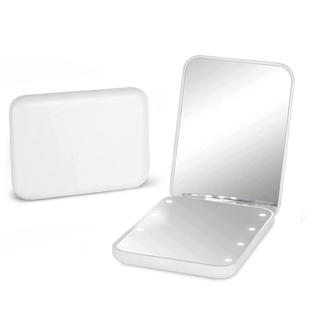 Pocket Mirror, 1X/2X Magnification LED Compact Travel Makeup Mirror with Light for Purse, 2-Sided, Portable, Folding, Handheld, Small Lighted Mirror for Gift, White