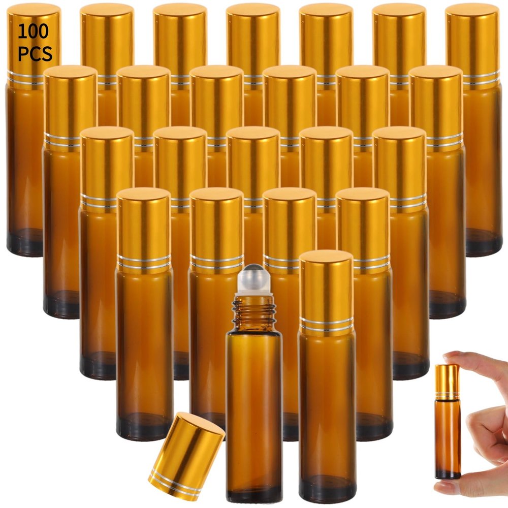100 PCS 10 ml Amber Roller Bottles for Essential Oils - Empty Brown Glass Bottle, Refillable Roll on, Portable Travel Perfume Leakproof With Stainless Steel Ball