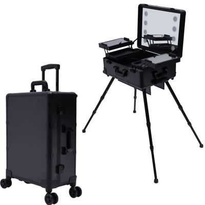 BANEBONE Makeup Case with Lighted Mirror Portable Professional Cosmetic Organizer 4 Rolling Wheels and Extendable Trays Adjustable Legs Free Standing Box with Stand Makeup Vanity Station for Travel