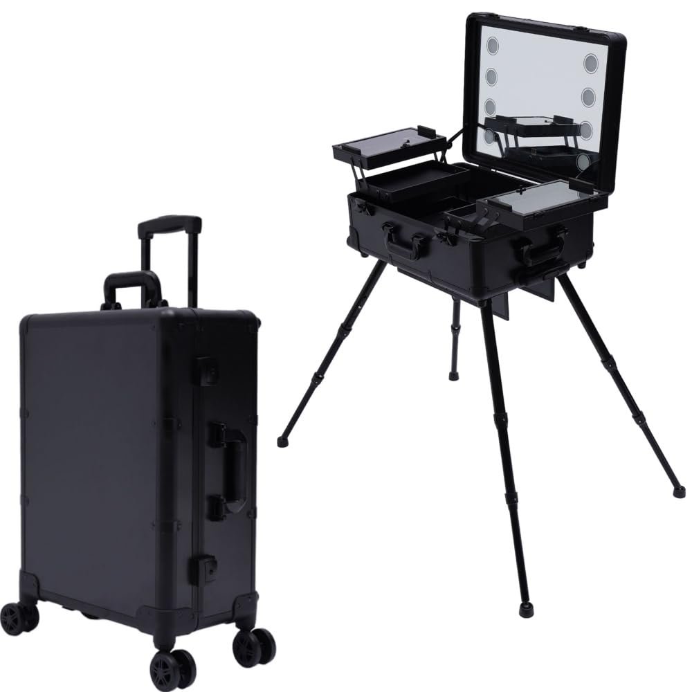 BANEBONE Makeup Case with Lighted Mirror Portable Professional Cosmetic Organizer 4 Rolling Wheels and Extendable Trays Adjustable Legs Free Standing Box with Stand Makeup Vanity Station for Travel