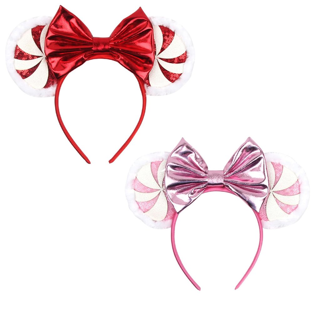 LSHDXD Christmas Mouse Ears Bow Headband Hair Hoop With a Plush Circle Around the headband Glitter Snowflake Hair bands for Christmas Party Supplies Hot Pink Princess Dress Up