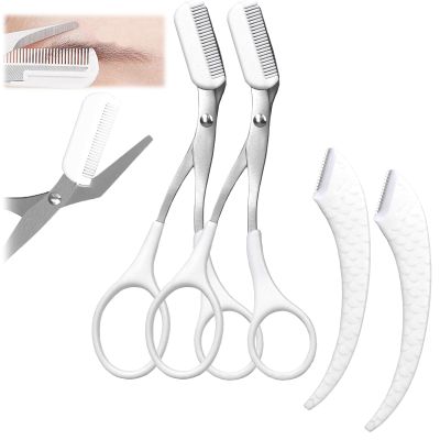Eyebrow Trimmer Scissor, 2024 Upgraded Stainless Steel Eyebrow Scissors for Women or Men With CombNon-Slip Eyebrow Cutter Hair RemovalPortable Eyebrow Scissors (White scissors, spatula*2)