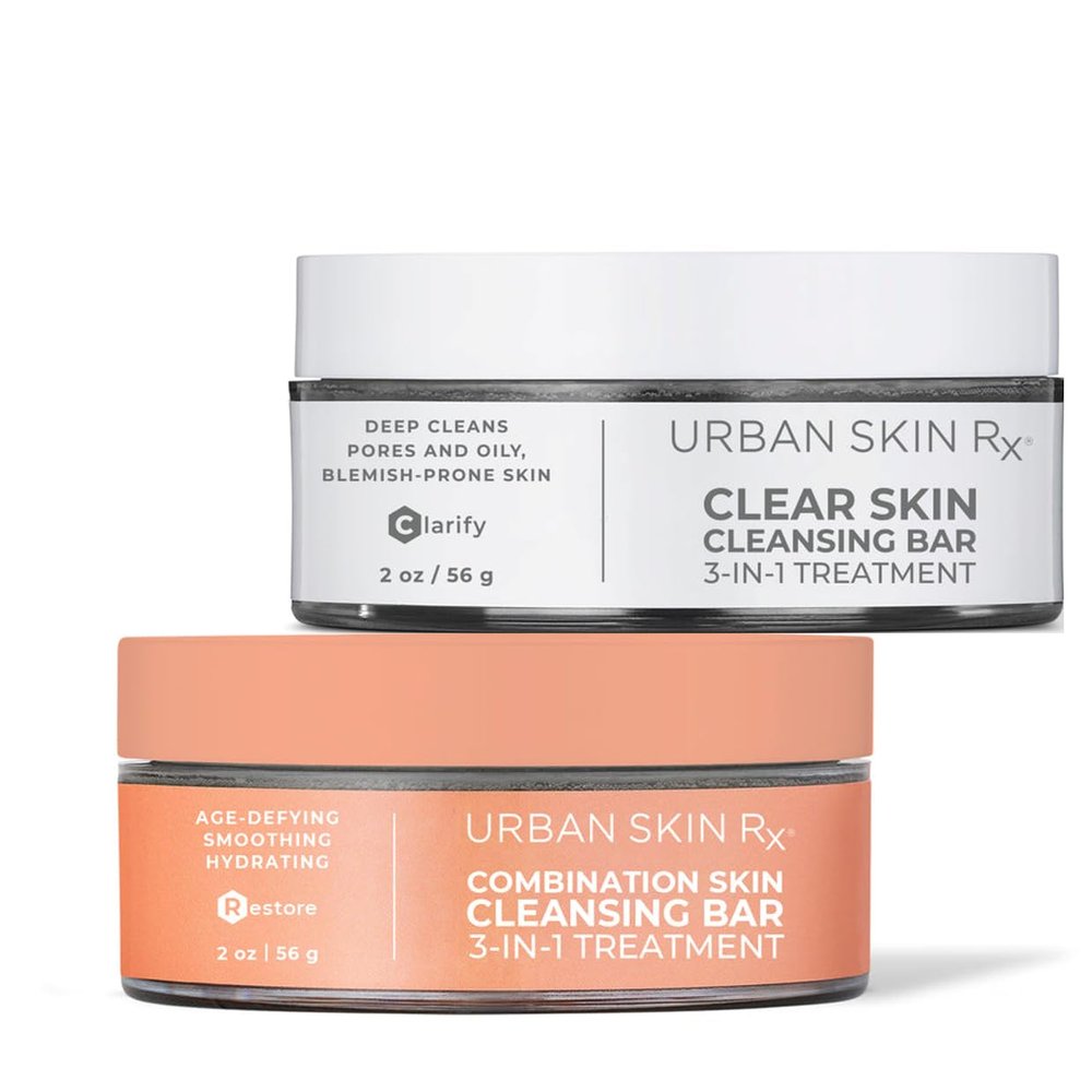 Urban Skin Rx 2-Pack Clear Skin & Combination Skin Cleansing Bar Duo | Helps Diminish Look of Spots & Blemishes, Removes Excess Oil, 3-in-1 Daily Cleanser, Exfoliant & Mask Includes (2) 2.0 Oz Bars