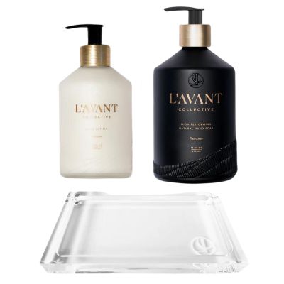 L'AVANT Collective Deluxe Hand Soap & Lotion Bundle with Luxurious Lucite Tray Hydrating Shea Butter, Softening Hand Wash in Reusable Glass Bottles - Fresh Linen Scent Kitchen Hostess Gifts
