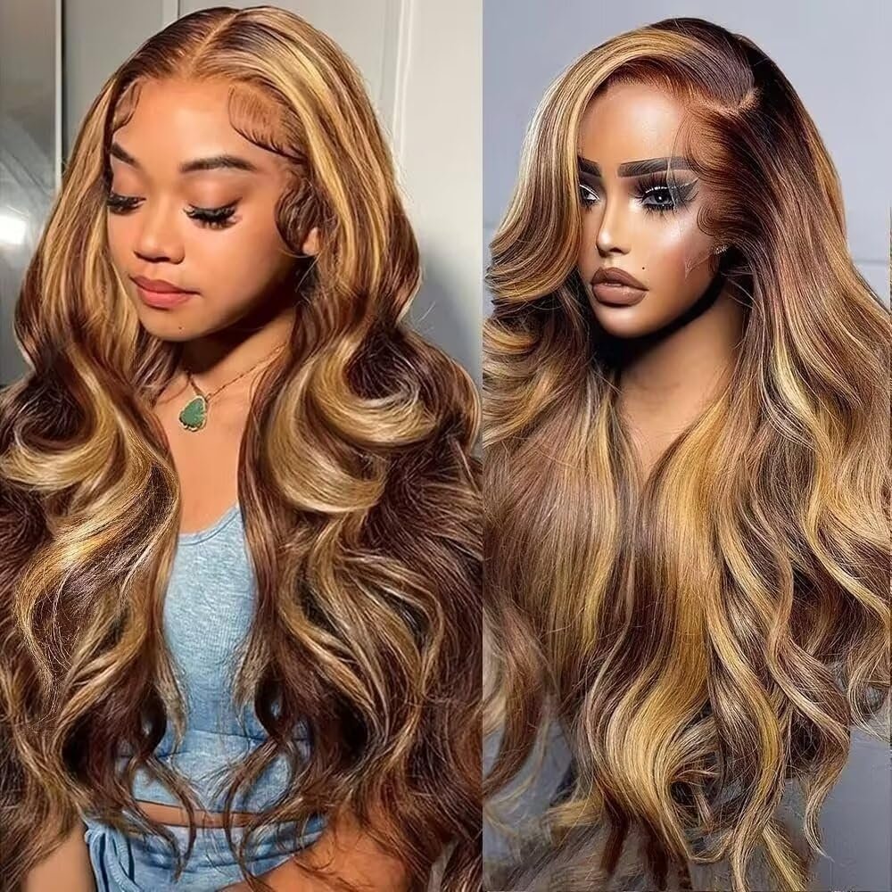 oulaer Highlight Body Wave Wigs Human Hair Honey Blonde 4/27 Color 13x6 HD Transparent Lace Front Wigs For Women Pre Plucked With Baby Hair Brazilian Glueless Wig 150% Density 18Inch